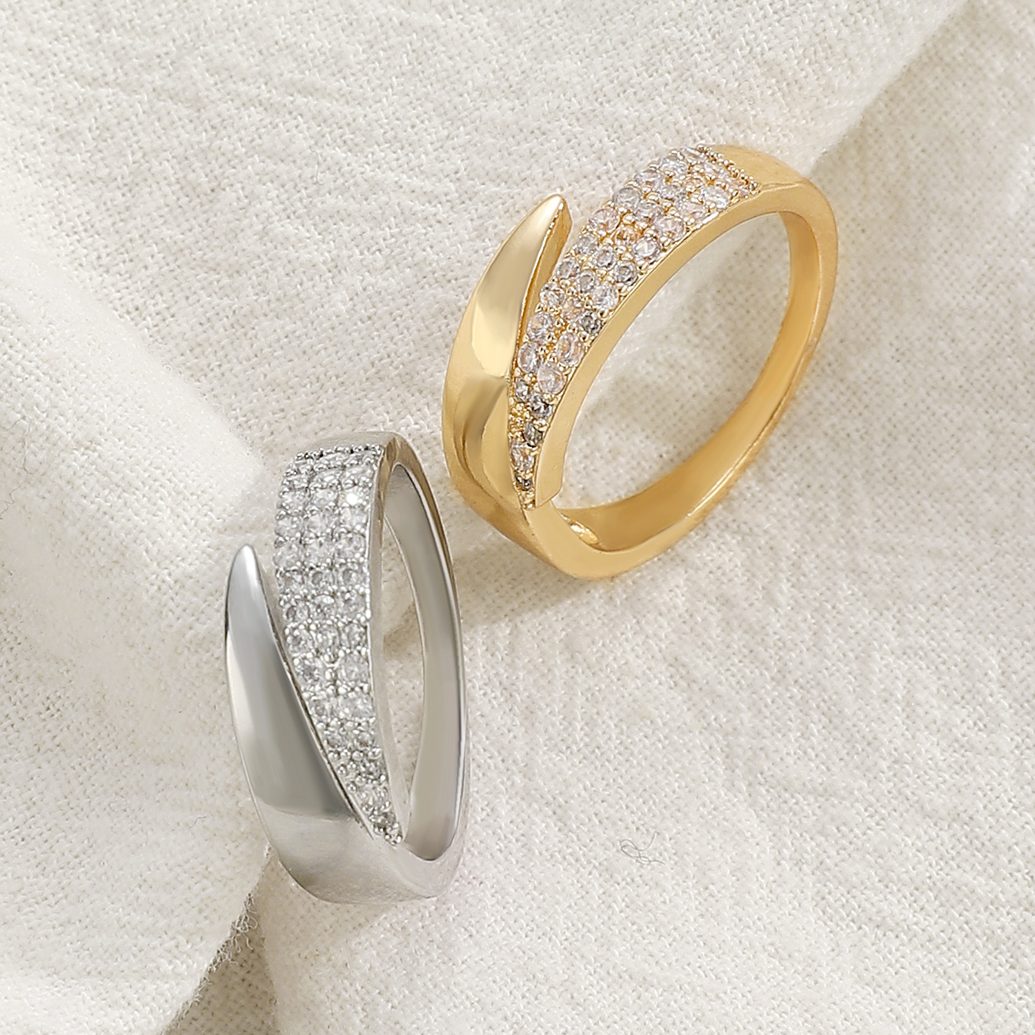 Adjustable Open Ring with Cubic Zirconia Golden Tone Copper Wedding Engagement